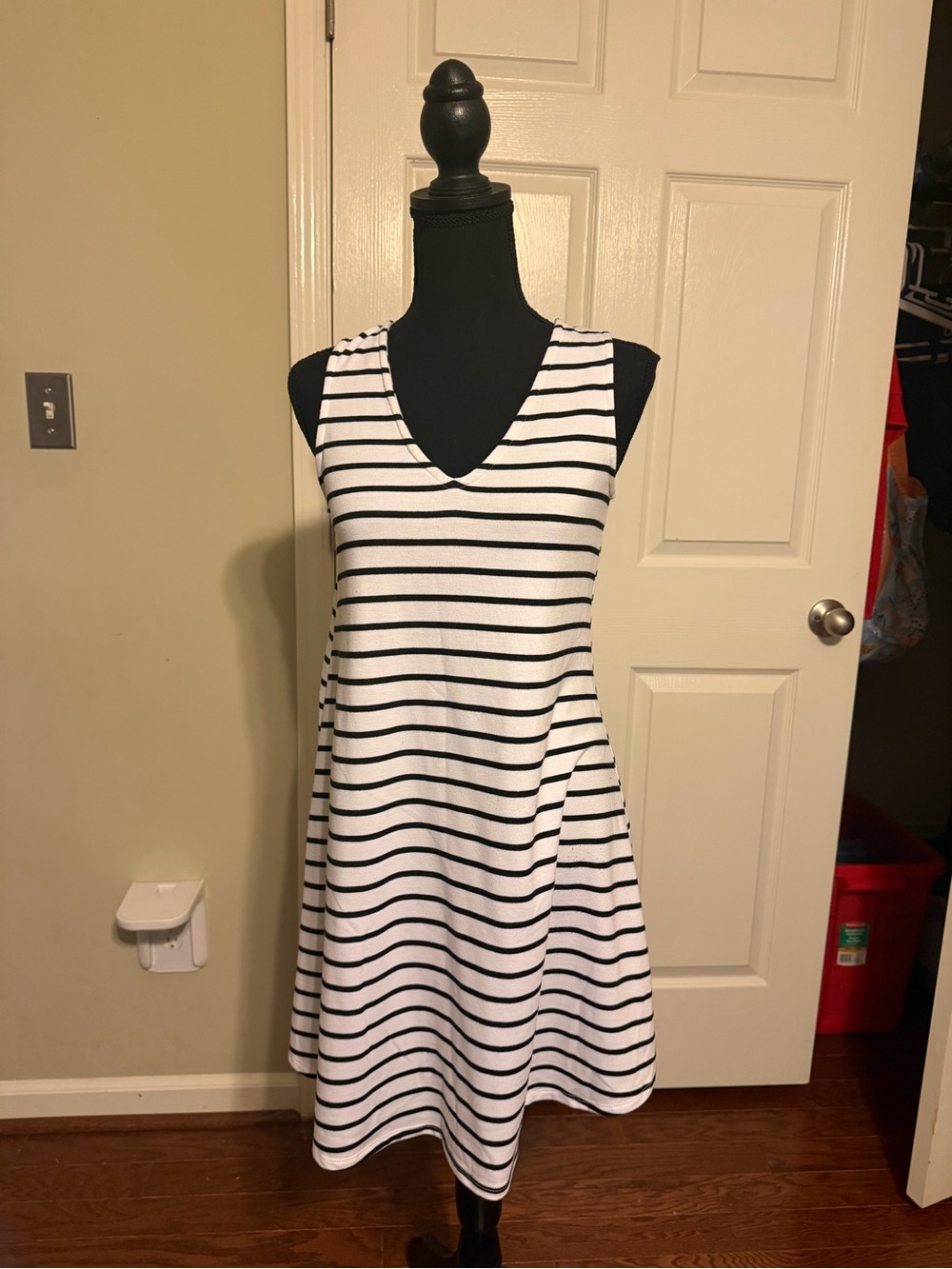 Striped V-Neck Mini Dress in White and Black